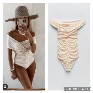 Zara Cream Off-Shoulder Ruched Bodysuit